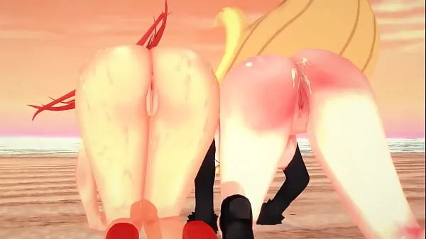Pokegirls - Asuna Flannery and Cynthia having sex on a beach - 3D Hentai