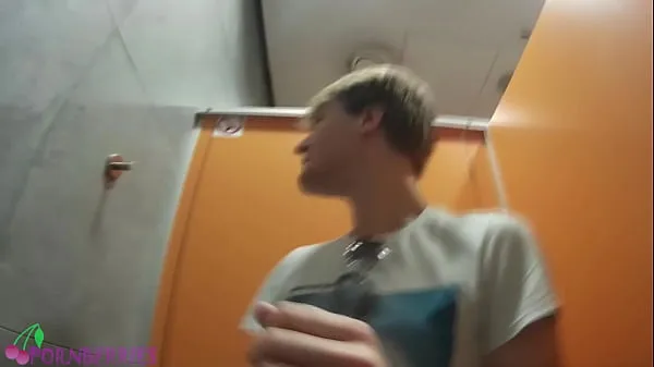 New College friends having gay fun in public toilet cool Clips